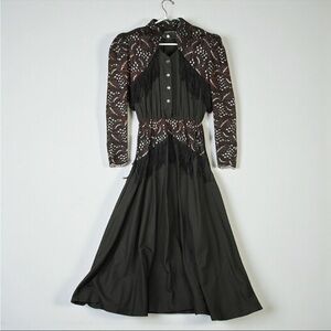 Vintage Lilia Smitty Western Maxi Dress Size 5/6 Black Fringe Rodeo Lace 80s